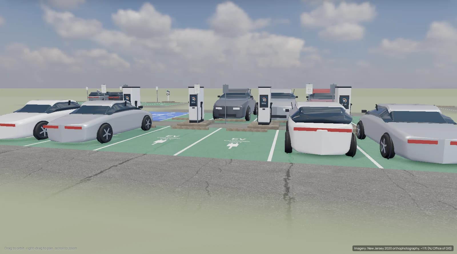 A 3D render at eye level showing DC fast chargers, parked cars and EV stall markings.